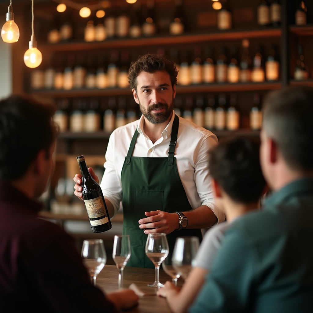 Pruvodce degustaci hovori ke skupine hostu u stolu s vinem